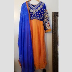 Orange and blue long sleeve Anarkali Style Dress